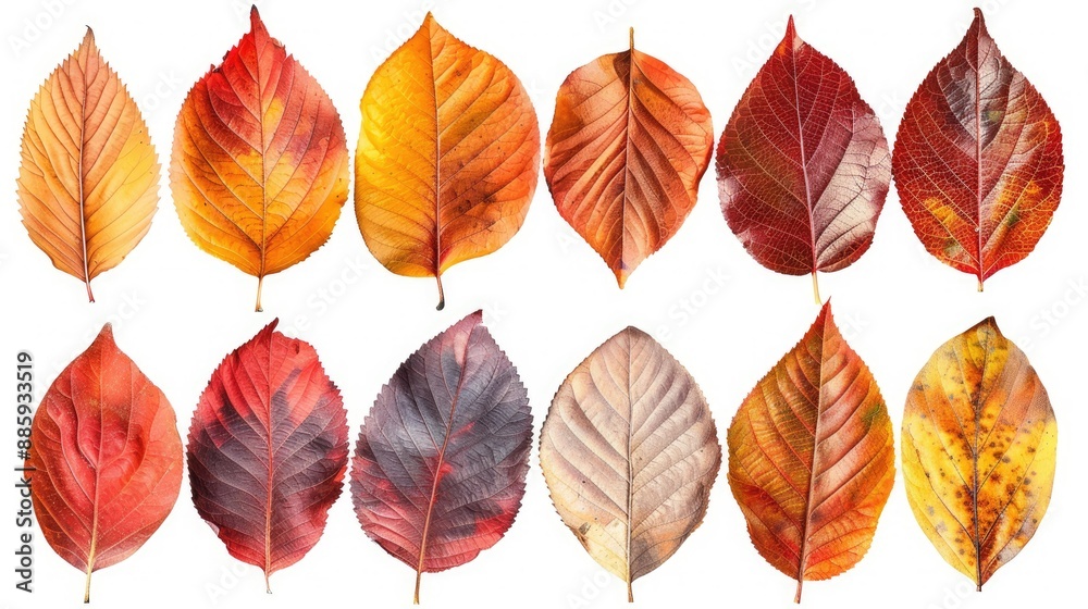 Obraz premium Autumn leaf textures in shades of red, orange, and yellow on a transparent background