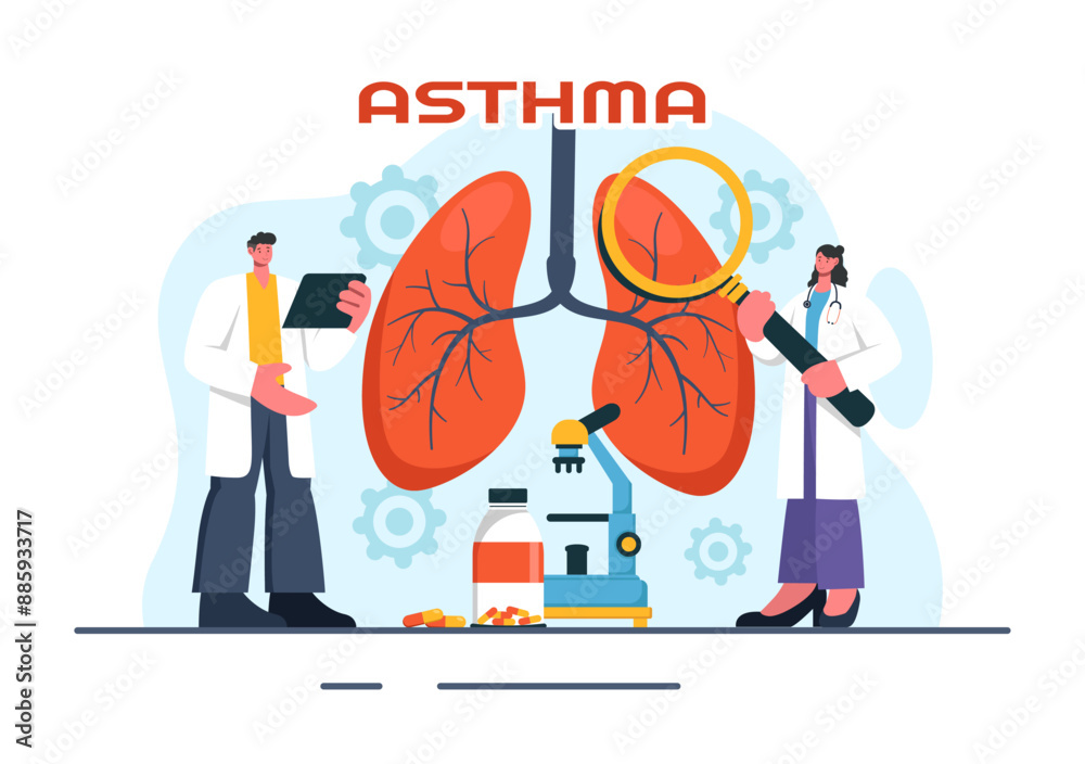 Red Inhaler Cartoon Asthma Disease Vector Illustration Featuring Human Lungs and Inhalers ...
