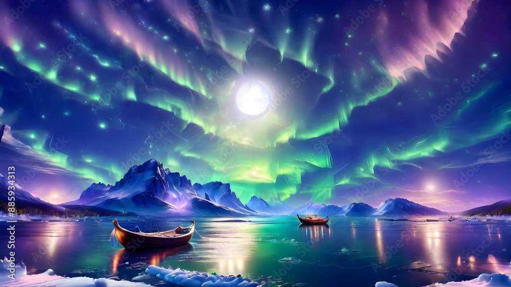 The background is a clear pond with stars, planets and constellations reflected in it. In the foreground is a small boat with a couple sailing on the pond. The edge of the pond is made of ice 