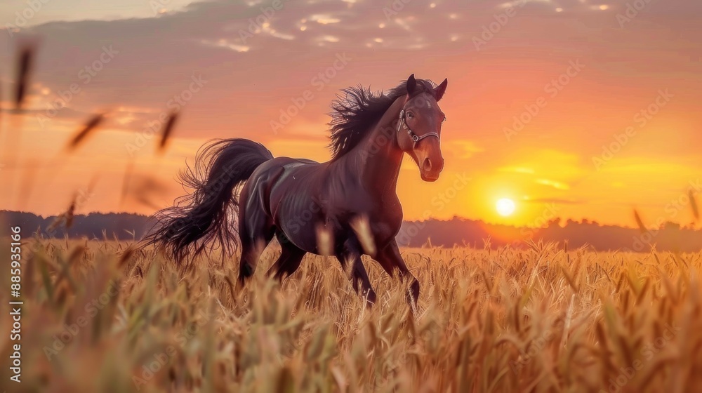 Black Horse Running Through Golden Wheat Field at Sunset Black Horse Running Through Golden Wheat Field at Sunset