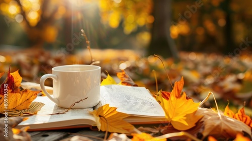 Book and white coffee cup creating an autumnal atmosphere