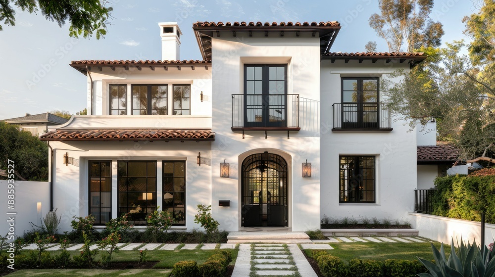 Charming Spanish style residence with a white facade, black accents, and dark brown highlights Charming Spanish style residence with a white facade, black accents, and dark brown highlights