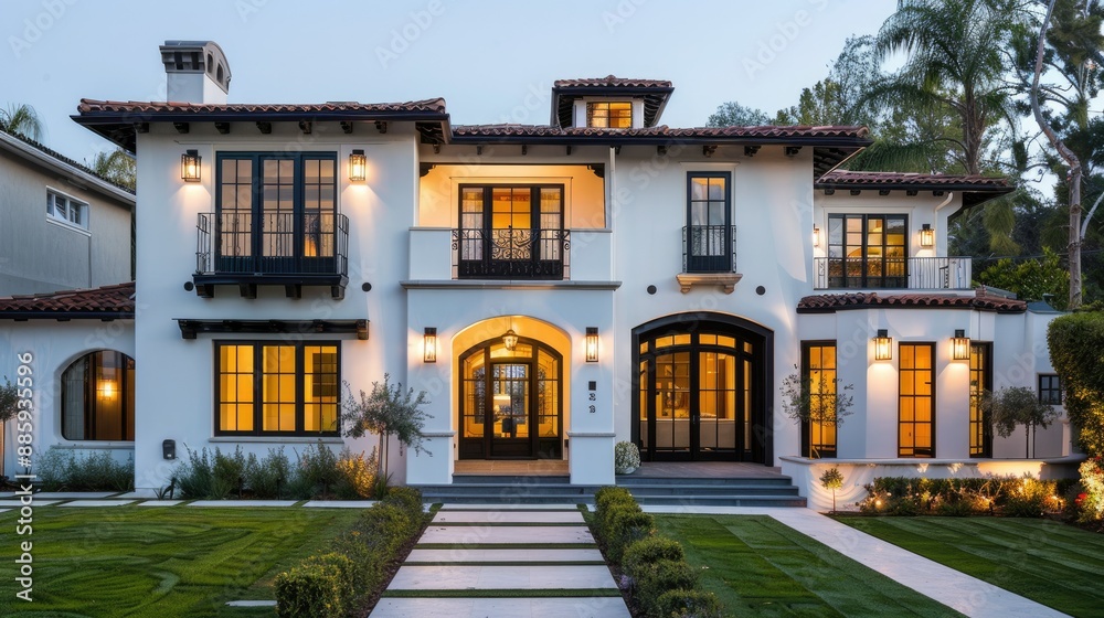 Charming Spanish style residence with a white facade, black accents, and dark brown highlights Charming Spanish style residence with a white facade, black accents, and dark brown highlights