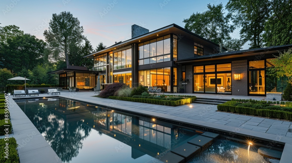Obraz premium Contemporary luxury villa exterior featuring large windows and stylish landscaping
