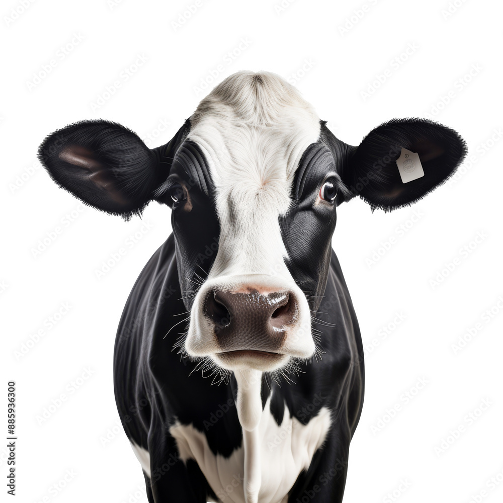 A black and white cow looks directly into the camera. Isolated on a transparent background. A black and white cow looks directly into the camera. Isolated on a transparent background.