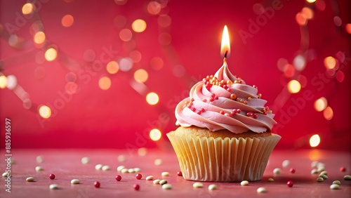 Birthday Bliss: Cupcake with Pink Frosting, Candle, and Colorful Sprinkles photo