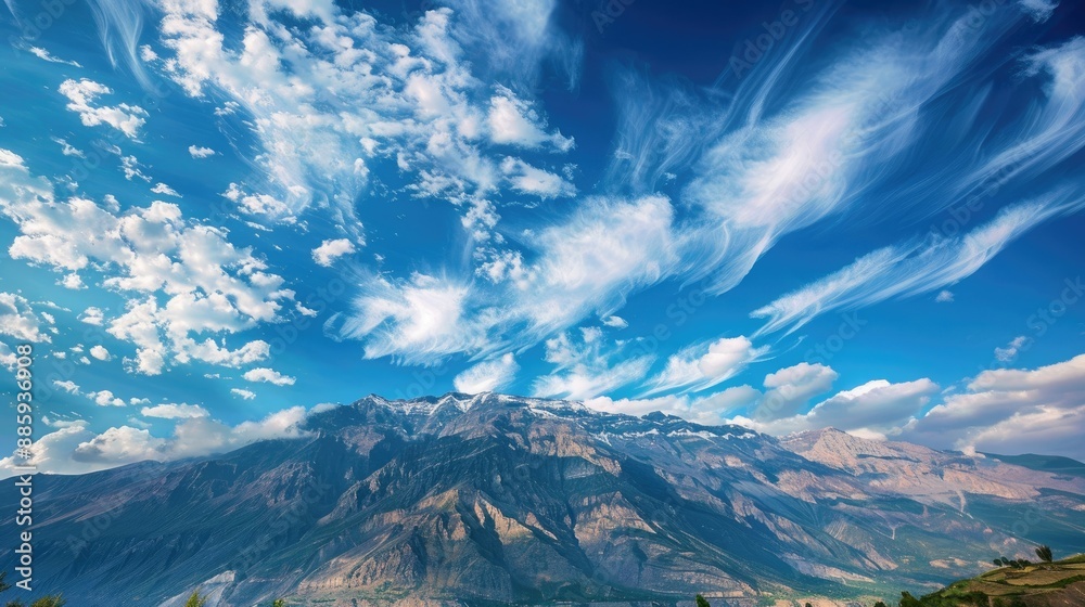 Majestic mountains beneath a vibrant blue sky dotted with clouds Majestic mountains beneath a vibrant blue sky dotted with clouds