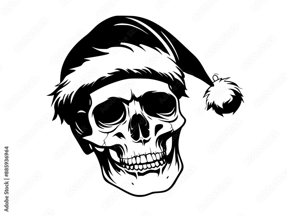 Fototapeta premium Skull Wearing Santa Hat for Festive Design, Stylized skull illustration wearing a Santa hat, blending Halloween and Christmas themes for a unique festive design.