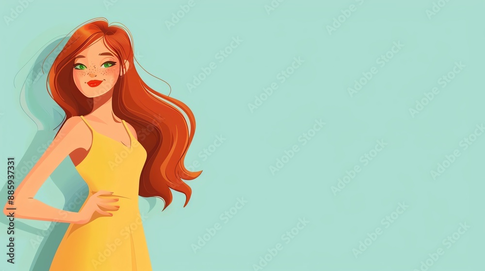 Cheerful Cartoon Illustration of Redhead Woman in Yellow Dress Cheerful Cartoon Illustration of Redhead Woman in Yellow Dress