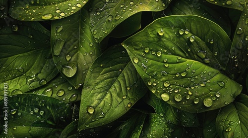 Refreshing water droplets on green leaves, complemented by dark brown accents