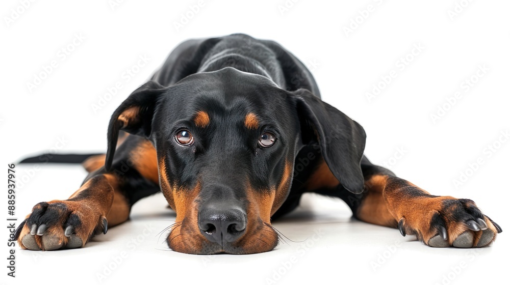 A Doberman Pinscher lying down with a relaxed expression, isolated on a white background A Doberman Pinscher lying down with a relaxed expression, isolated on a white background