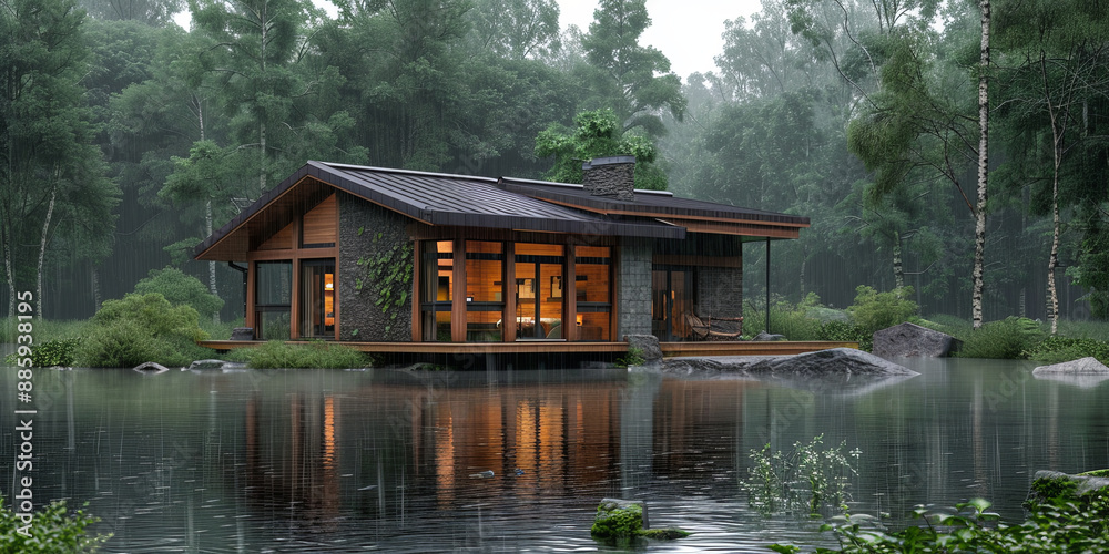 small cozy wooden cabin with modern windows and roof on the edge of lake in forest, generative AI small cozy wooden cabin with modern windows and roof on the edge of lake in forest, generative AI