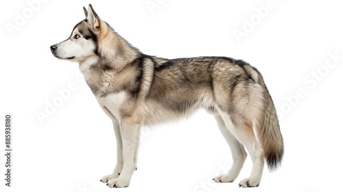 A Siberian Husky standing and looking off to the side, isolated on a white background