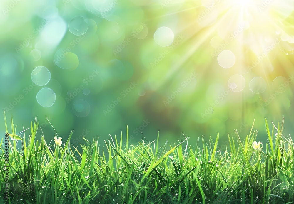 Obraz premium Springtime Green Grass Sun Rays Blurred Background