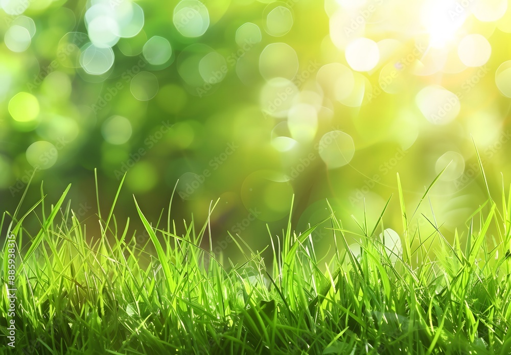 Obraz premium Green Grass Spring Background with Sun Rays