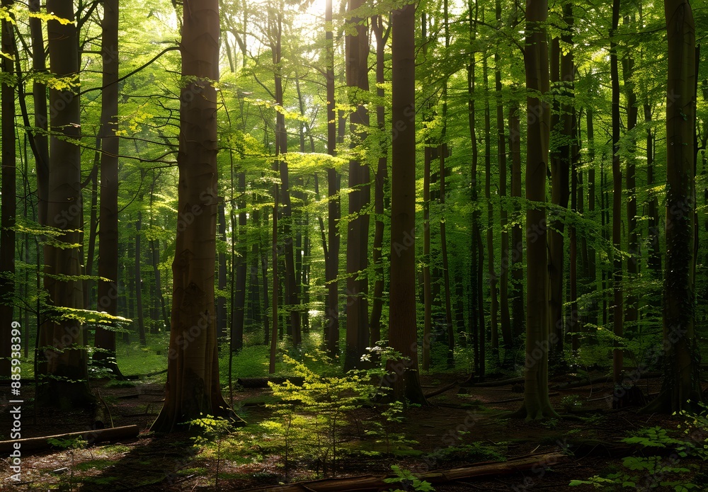 Fototapeta premium Sunlit Spring Forest With Tall Trees