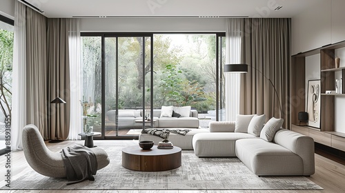 Elegant Minimalist Living Room with Large Windows  White Walls  Grey Curtains  Light Gray Fabric Sofa with Wooden Legs  Armchair  Coffee Table  Floor Lamp  and Neutral Color Palette.