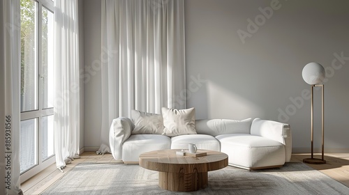 Elegant Minimalist Living Room with Light Grey Walls  White Sofa  Wooden Coffee Table  and Modern Floor Lamp. The Well-Lit Space Features Large Windows with Sheer Curtains.