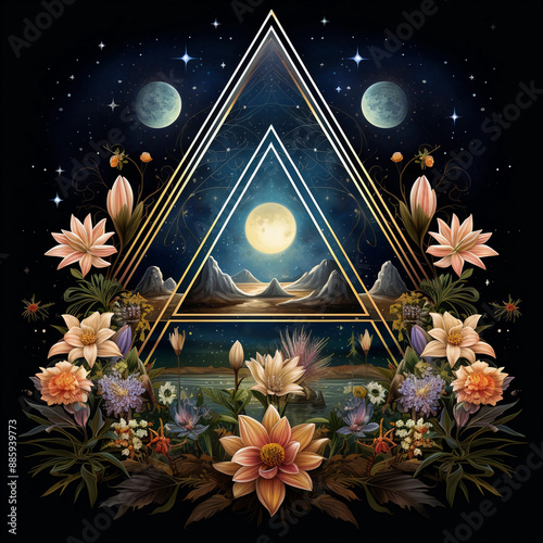 An artistic representation of the golden triangle surrounded by flowers and plants, with mountains in the background under moonlight