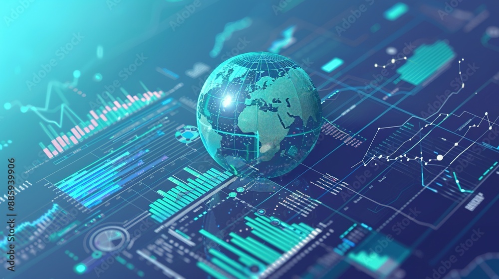 Infographic Displaying Global Financial Data on a Light Blue Background with Globe and Graphs Infographic Displaying Global Financial Data on a Light Blue Background with Globe and Graphs