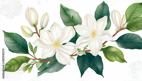 White flowering branch with green leaves on a white background Close-up of a branch with delicate white flowers Branch with bell-shaped white flowers on white