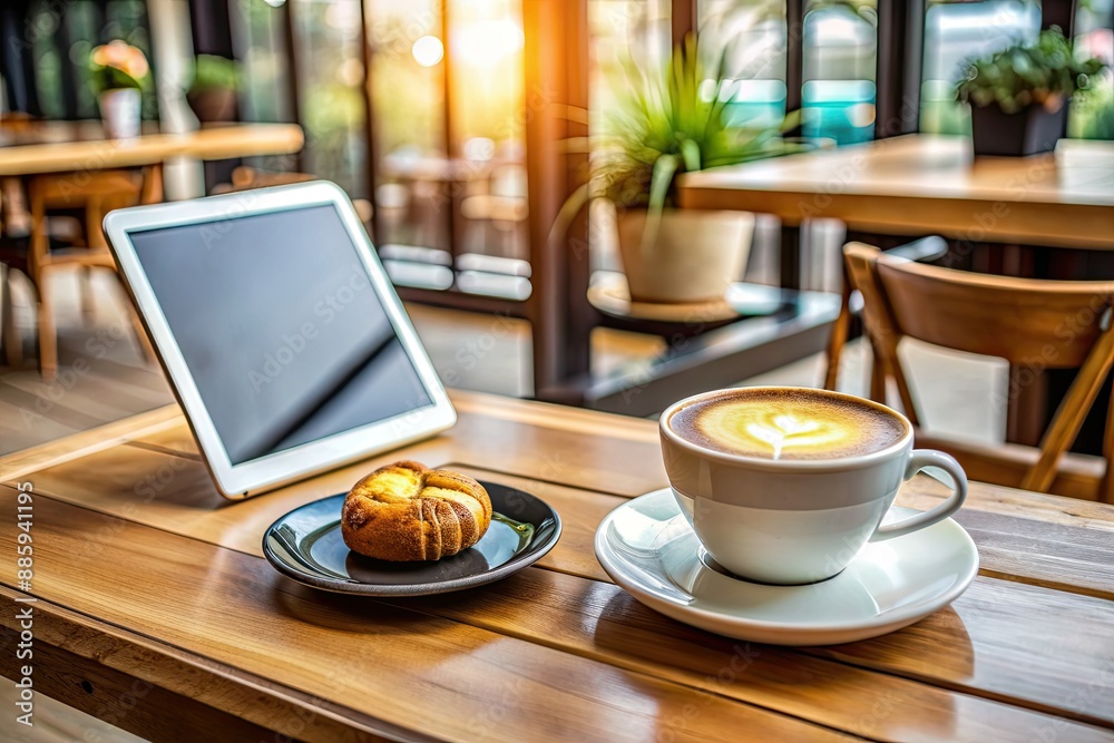 A contemporary coffee shop ambiance with a cup of coffee, a pastry, and an opened tablet computer on a small wooden table, awaiting its user. A contemporary coffee shop ambiance with a cup of coffee, a pastry, and an opened tablet computer on a small wooden table, awaiting its user.