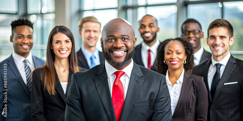 a group of diverse business people smiling and standing in front of the camera, african american man wearing black suit with red
