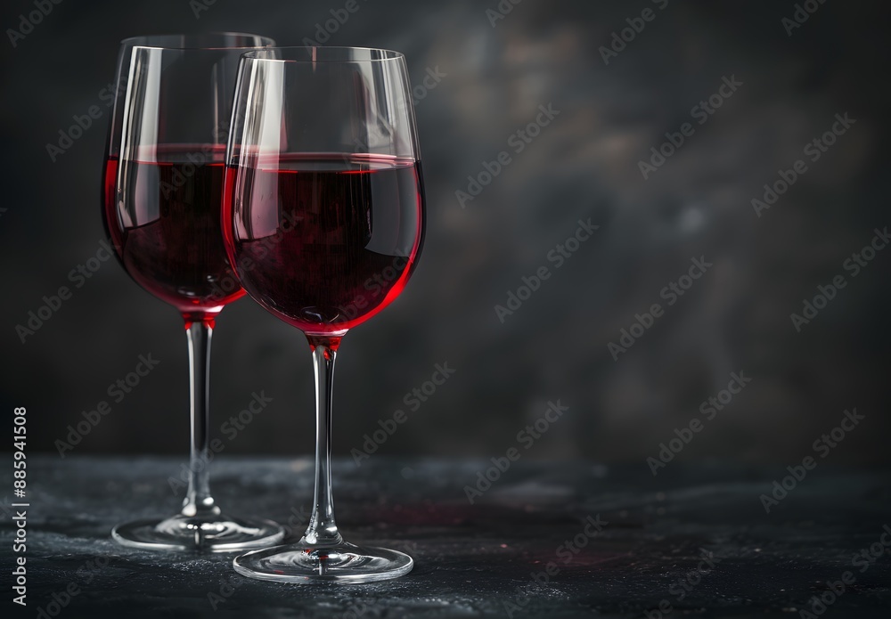 Naklejka premium Two Glasses Red Wine Dark Background Copy Space