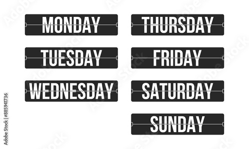 Weekday names flip board. Retro style analog clock plates.