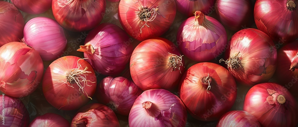 A bunch of red onions are piled up on top of each other A bunch of red onions are piled up on top of each other