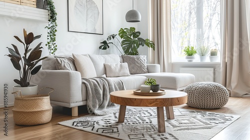 Sleek Minimalist Living Room Featuring White Walls, Grey Curtains, and Sofa with a Wooden Coffee Table at the Center. 