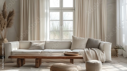 Elegant Minimalist Living Room Featuring White Walls, Grey Curtains, and Wooden Furniture, with Natural Light Streaming Through Large Windows, Showcasing Modern Home Decor 
