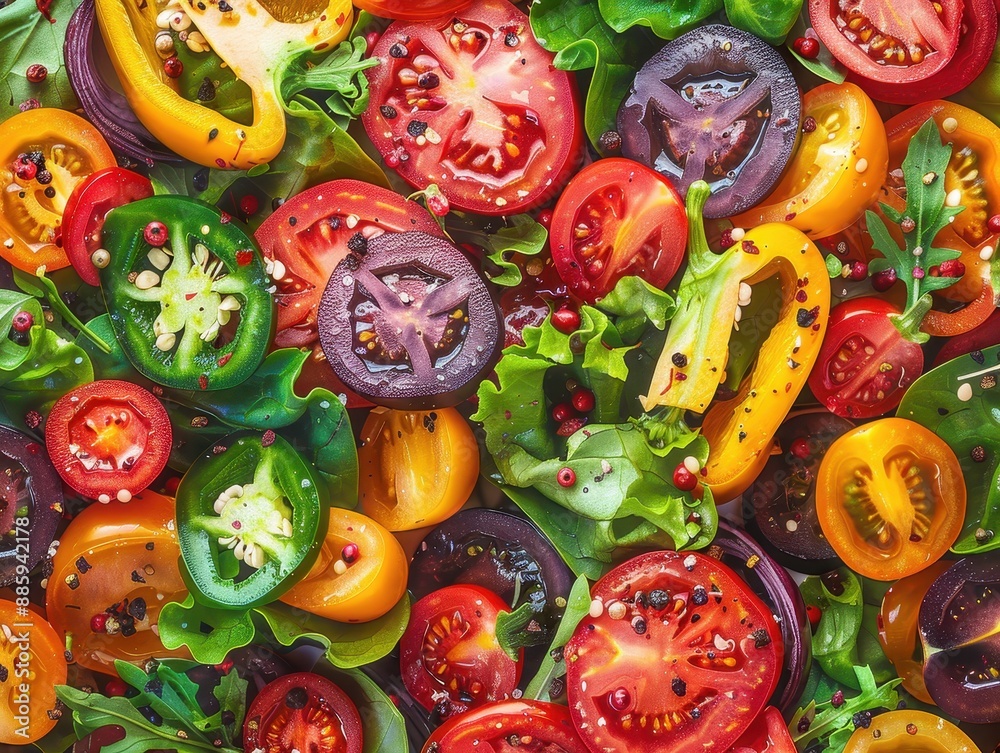 A colorful salad with a variety of vegetables including tomatoes, peppers