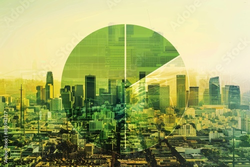 Green Pie Charts Overlaying Urban Landscape Symbolize Social Research, Community Analysis, and Data-Driven Insights in City Planning