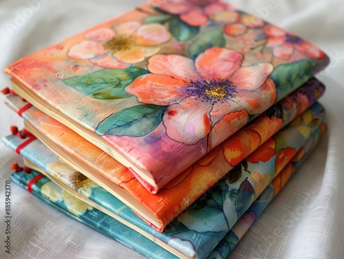 A stack of colorful books with floral designs on them