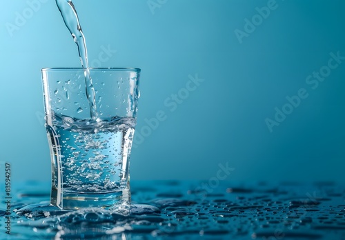 Pouring Water into Glass with Blue Background