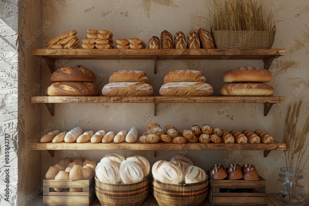 Variety of freshly baked bread is displayed on rustic wooden shelves, creating an inviting atmosphere Variety of freshly baked bread is displayed on rustic wooden shelves, creating an inviting atmosphere