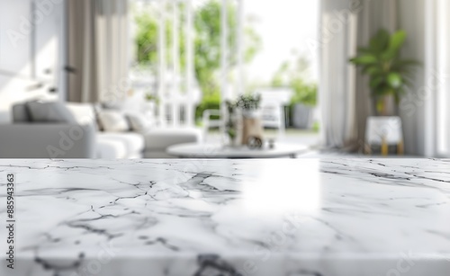White Marble Tabletop Living Room Blurred Background