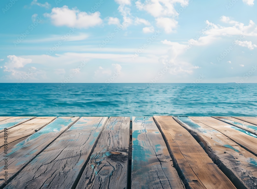 Obraz premium Rustic Wooden Tabletop Ocean View Background