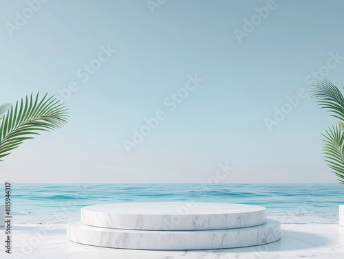 Fototapeta Naklejka Na Ścianę i Meble -  Minimalistic oceanfront podium with palm leaves and clear blue skies creates a serene and tropical ambiance perfect for presentations.