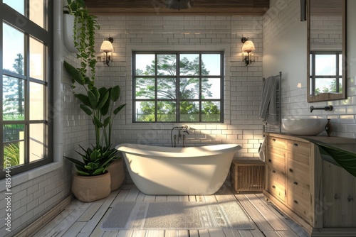 Modern farmhouse bathroom interior with freestanding bath