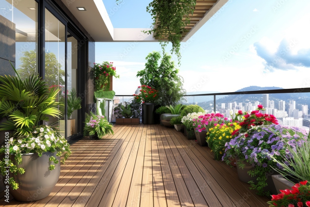 Modern terrace with wood deck flooring fence and plants Modern terrace with wood deck flooring fence and plants