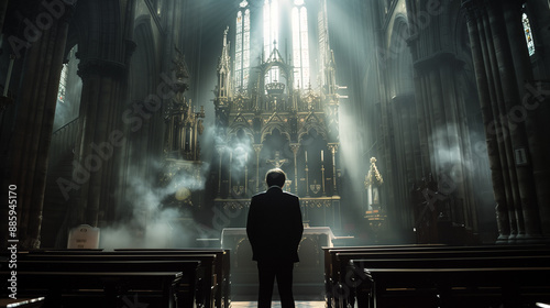 Politician standing in church, view from behind