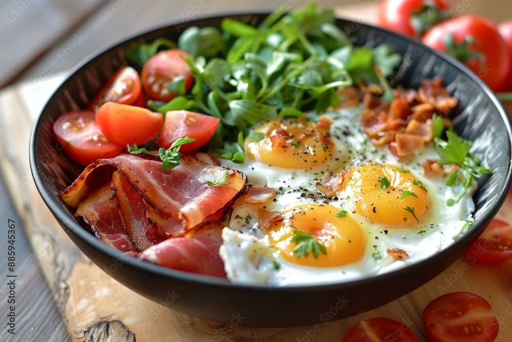 Nutritious keto breakfast with fried eggs, crispy bacon, and fresh vegetables, perfect for a healthy start to the day Nutritious keto breakfast with fried eggs, crispy bacon, and fresh vegetables, perfect for a healthy start to the day