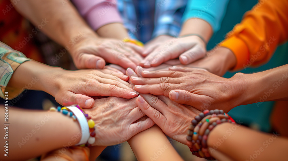 Fototapeta premium group of people joining hands show unity
