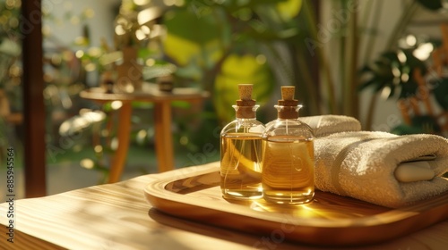 Spa Treatment Set: Essential Oils and Towels on a Wooden Tray