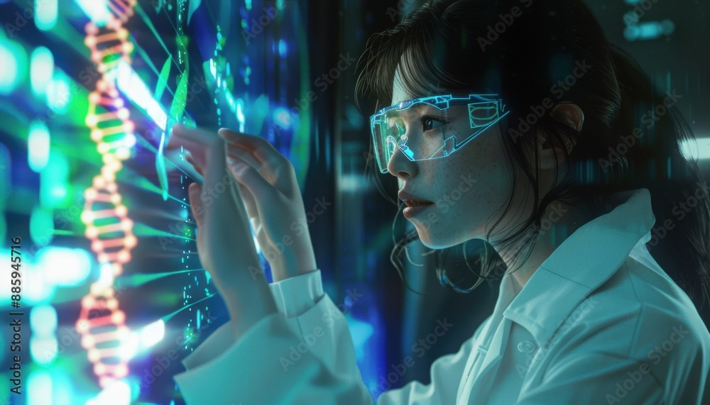 Scientist Analyzing DNA on Futuristic Digital Interface Scientist Analyzing DNA on Futuristic Digital Interface