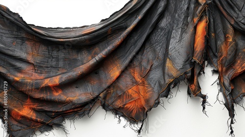 A black and orange cloth with a burnt look. The cloth is torn and frayed