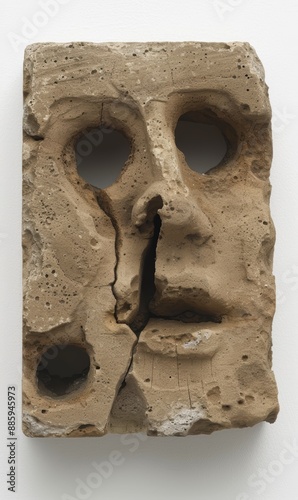 abstract stone sculpture with hollow eyes and mouth