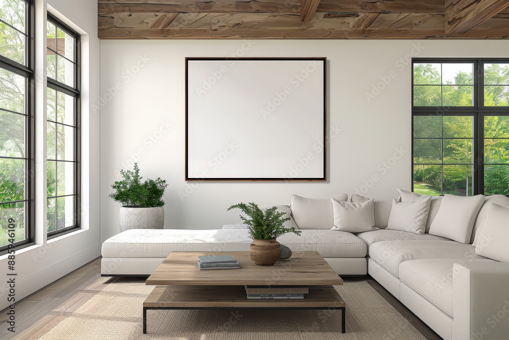 A minimalistic living room with a clean design, featuring a white sofa and wooden furniture, with a large white frame on the wall for adding text, plenty of empty space for a modern look. A minimalistic living room with a clean design, featuring a white sofa and wooden furniture, with a large white frame on the wall for adding text, plenty of empty space for a modern look.